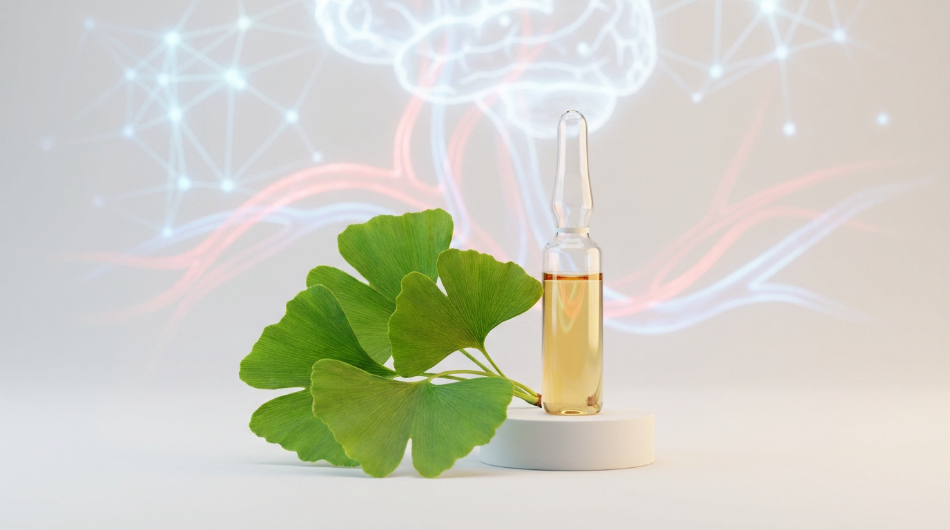 Ampoule de ginkgo biloba sur un socle devant une illustration holographique d'un cerveau.