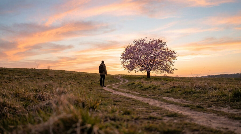 Une personne debout sur un chemin de terre devant un cerisier en fleurs au coucher du soleil.