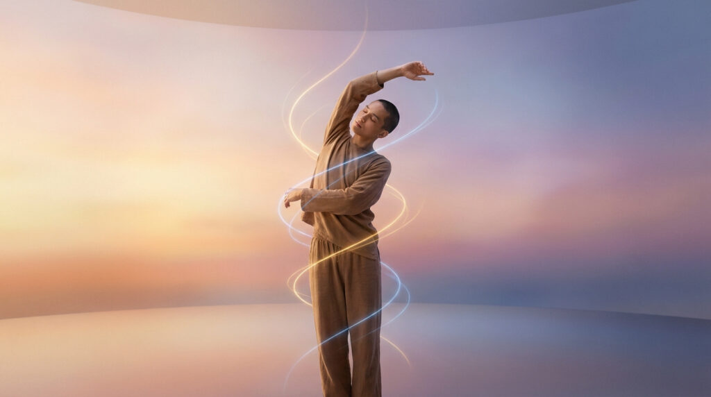 Personne sereine vêtue de lin beige, entourée de spirales lumineuses sur un fond dégradé aux tons doux de coucher de soleil.