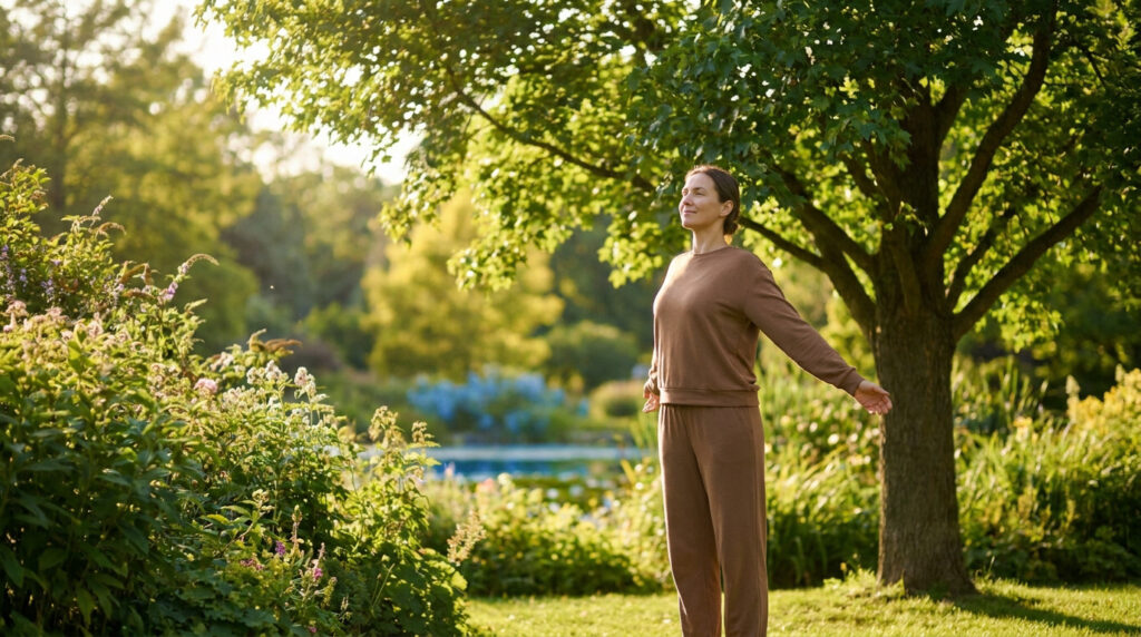 Une femme détendue profite de la nature dans un jardin ensoleillé après une convalescence.