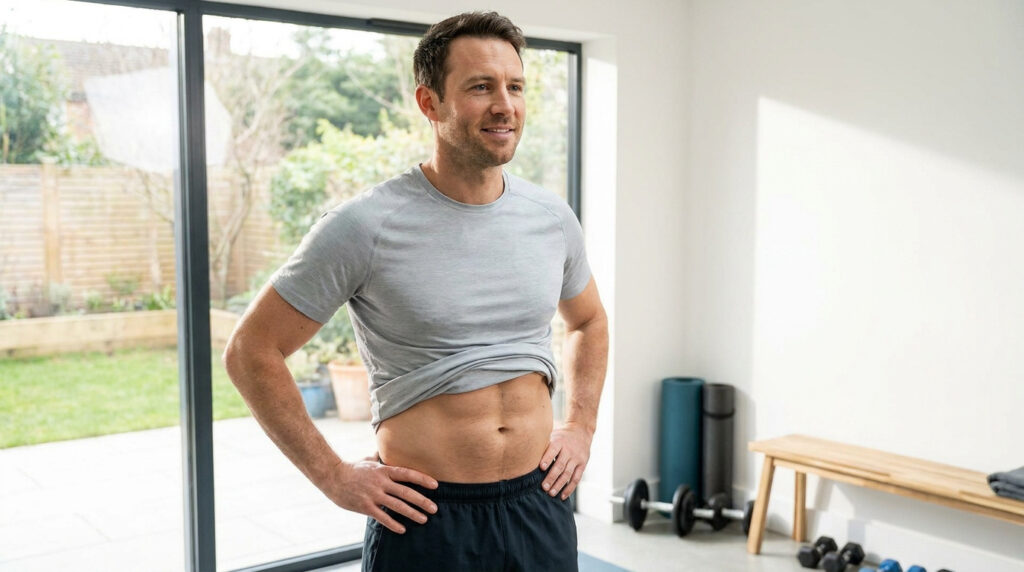 Un homme en tenue de sport soulève son t-shirt pour montrer ses abdominaux dans un espace de fitness à domicile.