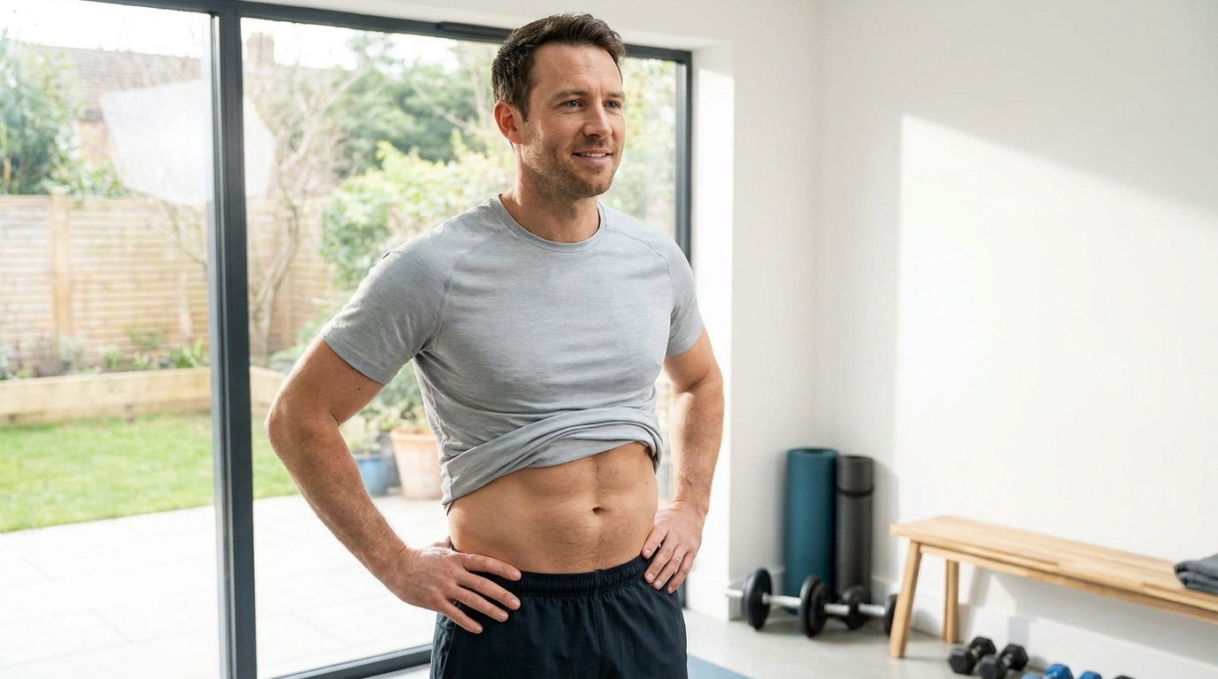 Un homme en tenue de sport soulève son t-shirt pour montrer ses abdominaux dans un espace de fitness à domicile.