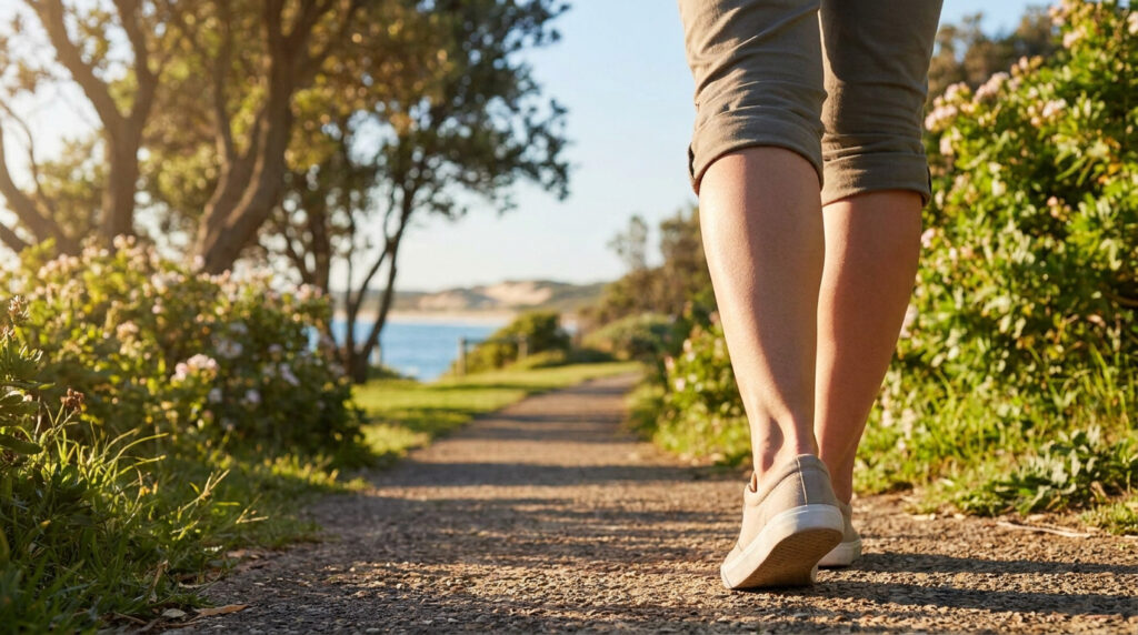 Gros plan sur les jambes d'une personne marchant sur un sentier ensoleillé près de la mer.
