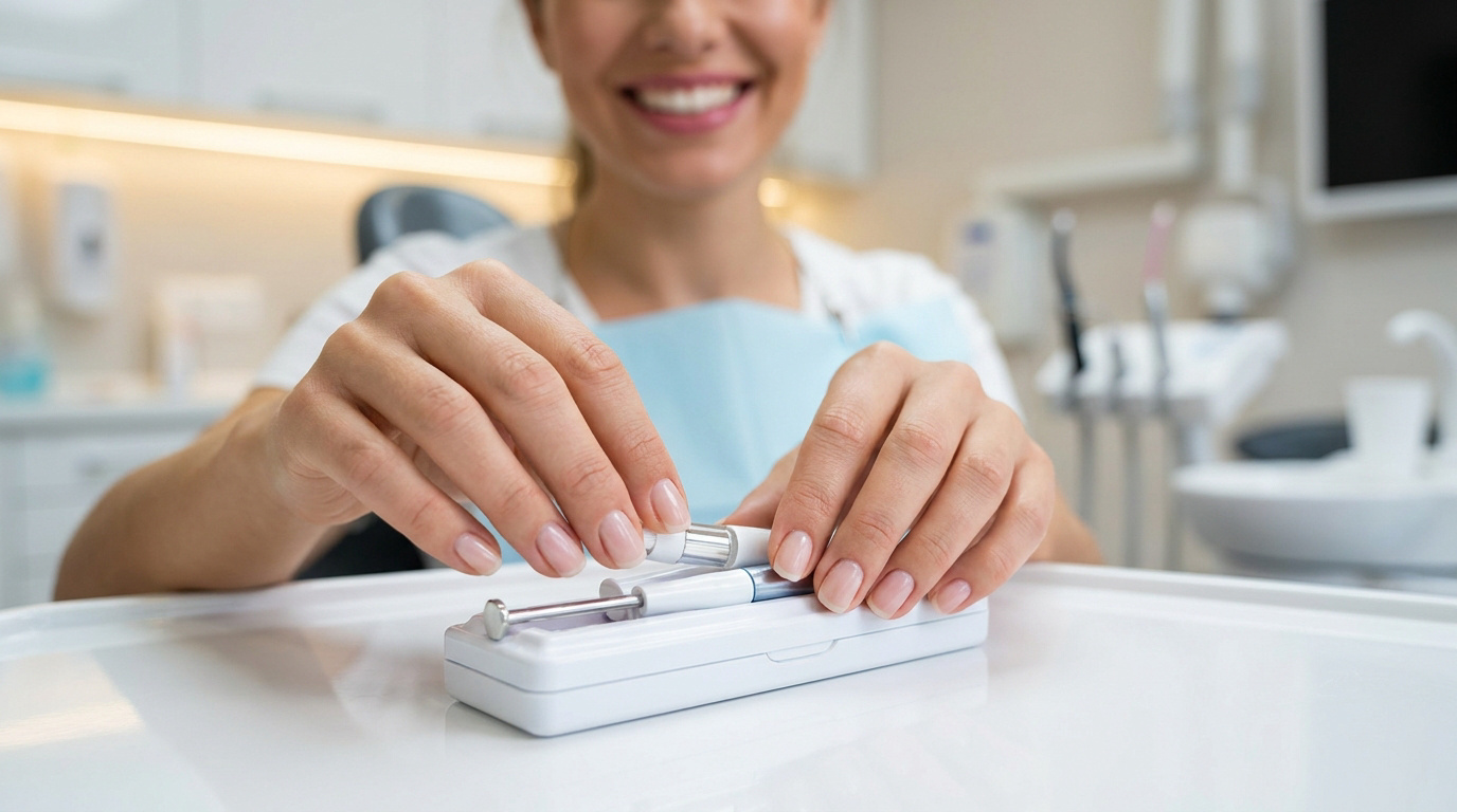 Une dentiste prépare un kit médical dans un cabinet dentaire moderne.
