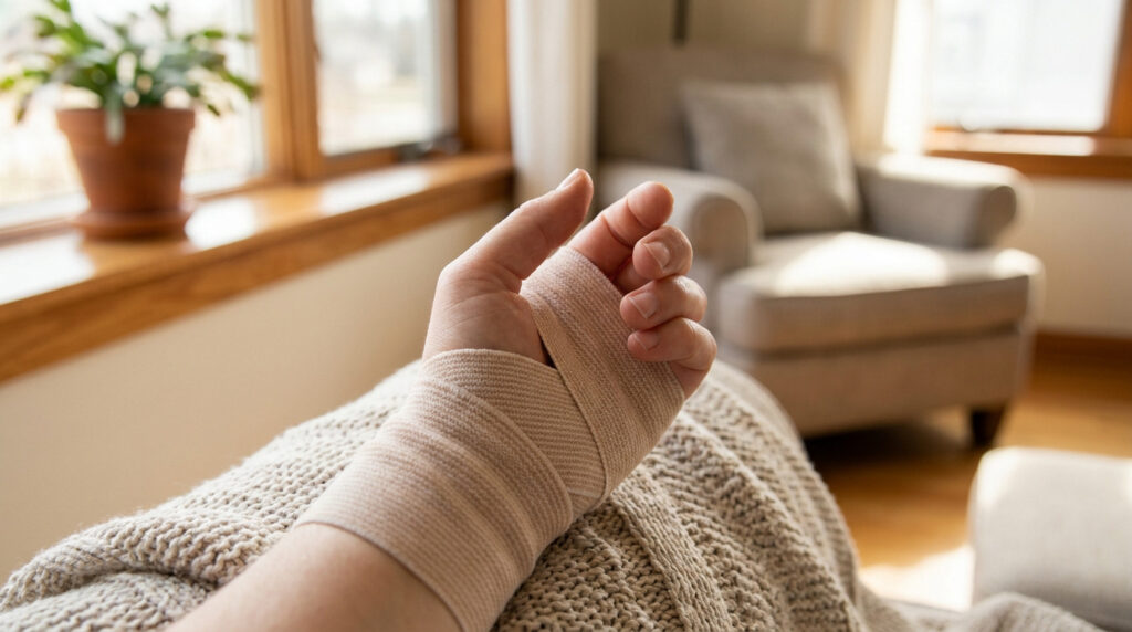 Main enveloppée dans un bandage élastique beige reposant sur une couverture tricotée dans un salon lumineux.
