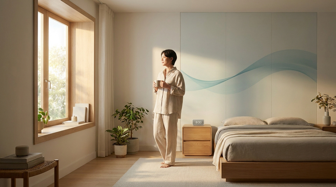 Une personne debout dans une chambre lumineuse à 8h du matin avec une tasse, symbolisant le cycle du cortisol.