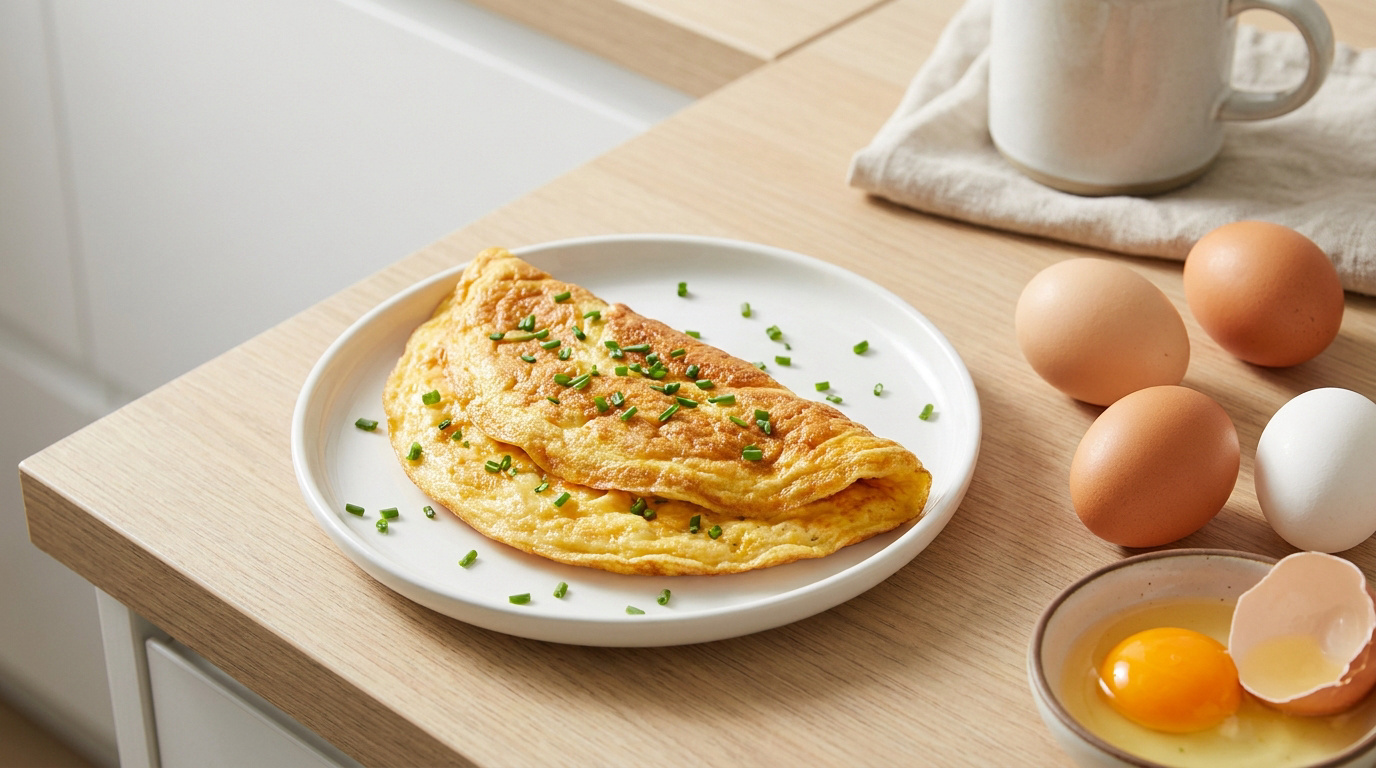 Une omelette dorée aux fines herbes sur une assiette blanche, accompagnée d'œufs frais sur une table en bois.