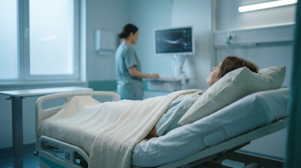 Patiente allongée dans un lit d'hôpital sous la surveillance d'une infirmière devant un écran médical.