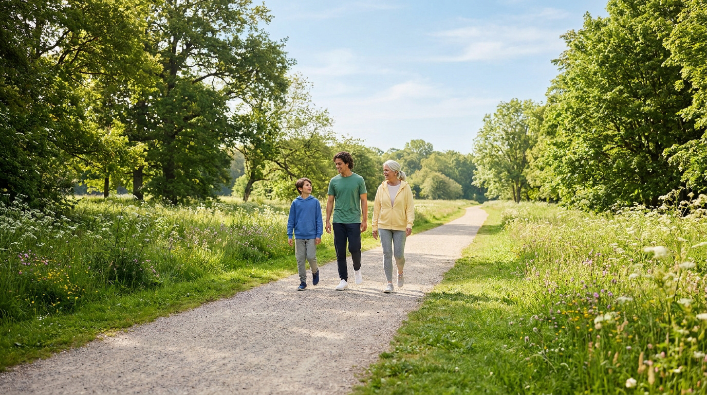 Trois générations d'une famille marchant ensemble sur un sentier verdoyant.