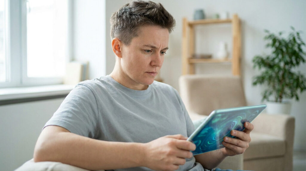 Une personne concentrée regarde des informations médicales sur une tablette numérique.