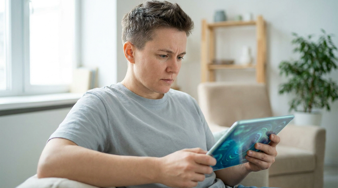 Une personne concentrée regarde des informations médicales sur une tablette numérique.