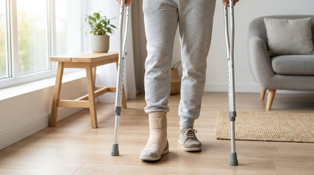 Personne utilisant des béquilles avec une cheville bandée dans un salon lumineux.