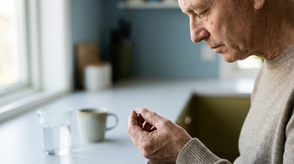 Un homme âgé regarde un médicament blanc dans sa main avant de le prendre avec un verre d'eau dans une cuisine.