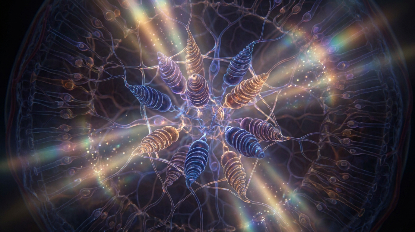 Vue microscopique et artistique de cellules rétiniennes interconnectées illuminées par des faisceaux lumineux.
