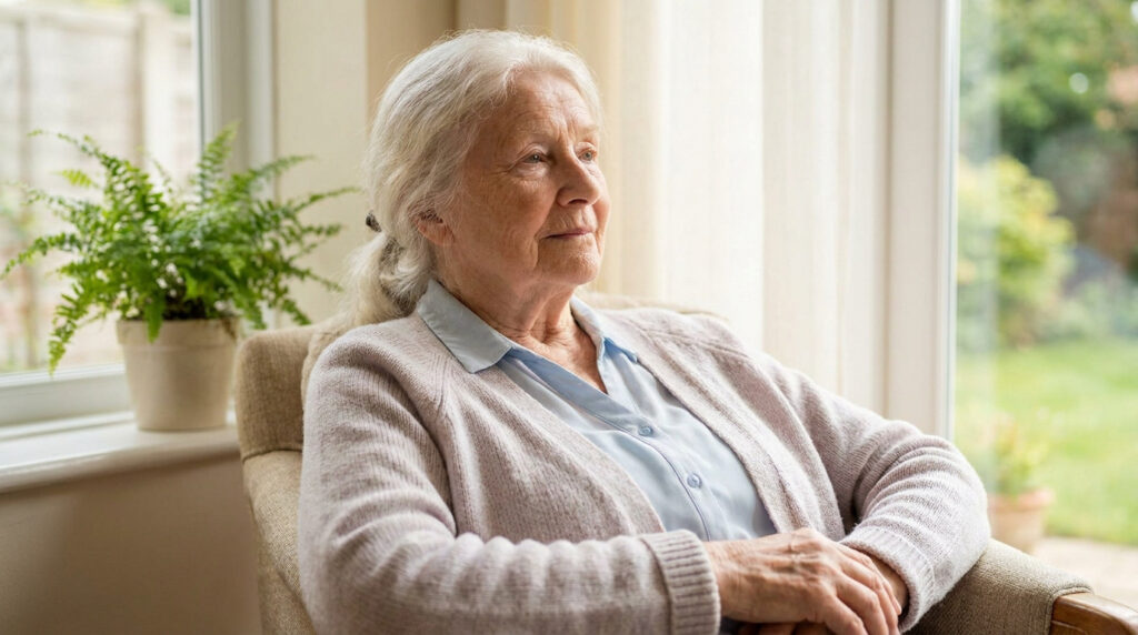 Une femme âgée aux cheveux gris est assise dans un fauteuil près d'une fenêtre en regardant au loin avec mélancolie.