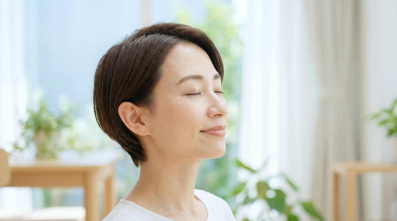 Femme souriante aux yeux fermés, respirant profondément dans un intérieur lumineux.