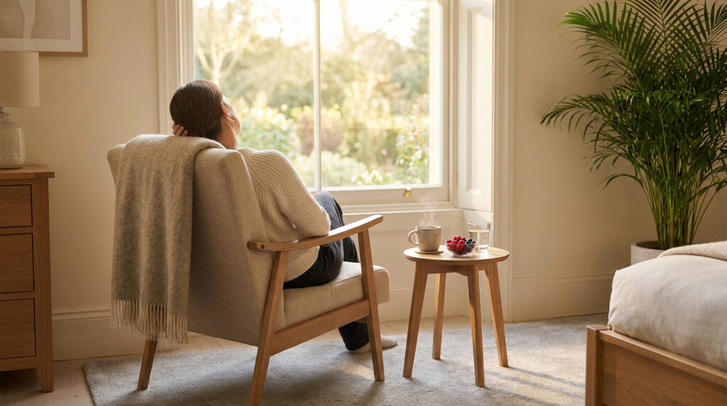 Une personne se détend dans un fauteuil devant une fenêtre ensoleillée, favorisant le repos lors d'une convalescence.