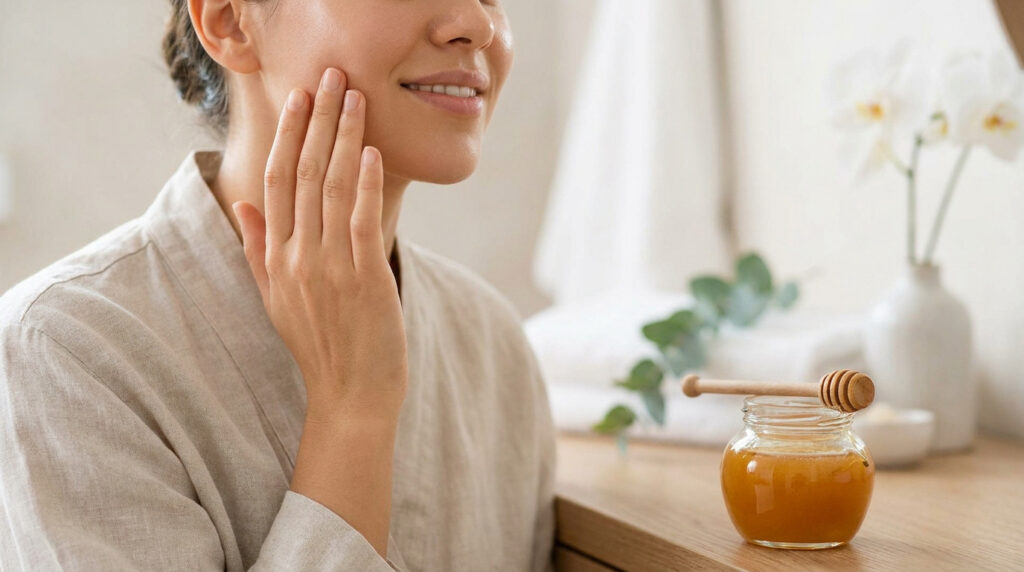 Une femme souriante touche doucement sa joue près d'un petit pot de miel de Manuka sur une table en bois.