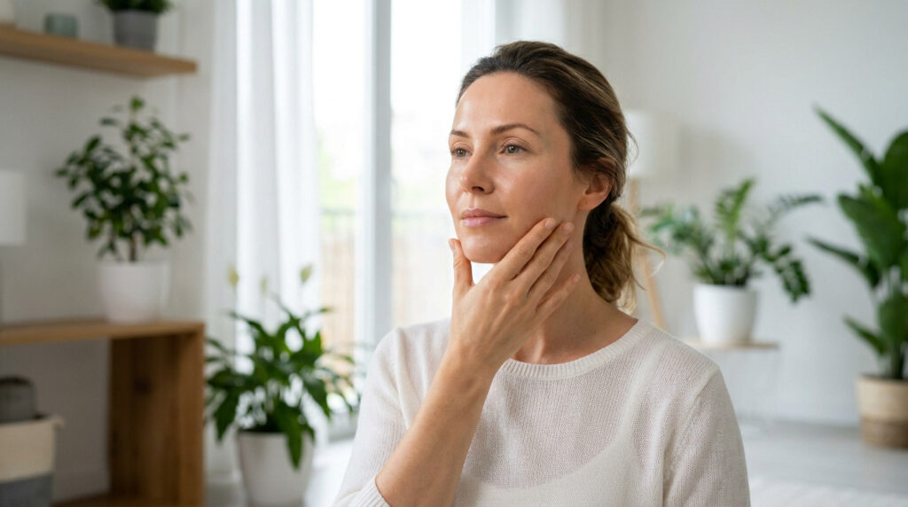 Une femme souriante touche doucement la peau de son visage dans un salon lumineux avec des plantes.