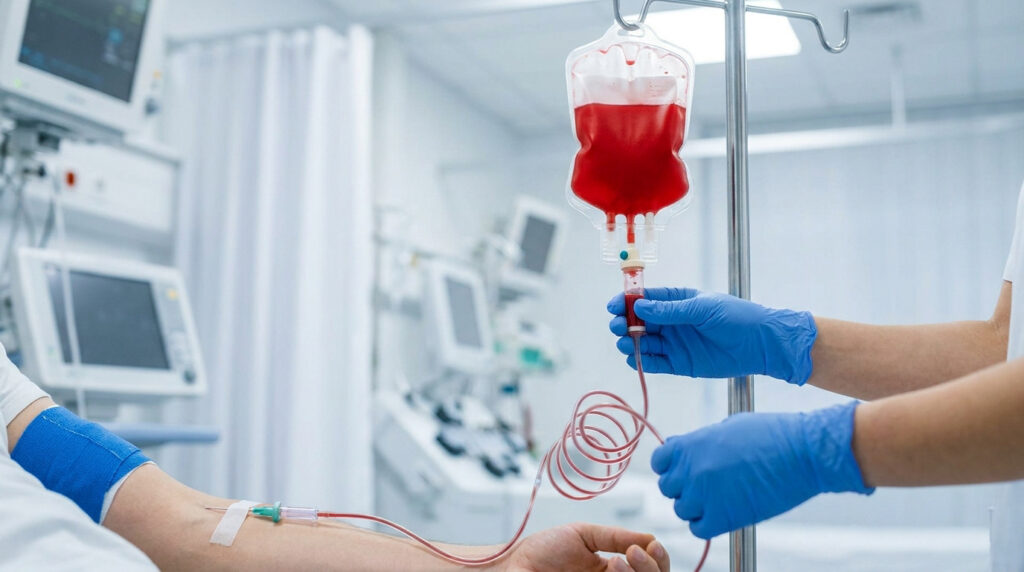 Personnel médical administrant une poche de sang à un patient lors d'une transfusion sanguine en milieu hospitalier.