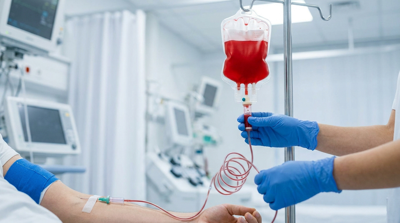 Personnel médical administrant une poche de sang à un patient lors d'une transfusion sanguine en milieu hospitalier.
