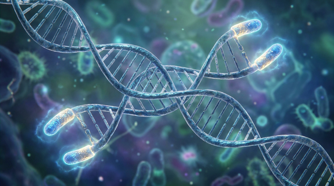 Représentation 3D d'une double hélice d'ADN sur fond de micro-organismes et de cellules.
