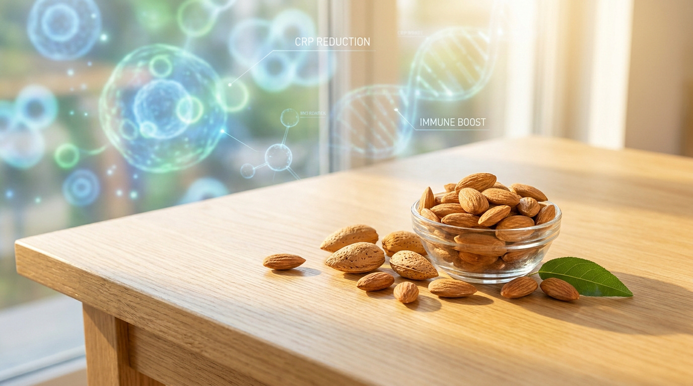 Bol d'amandes sur une table en bois avec des illustrations numériques de cellules et d'ADN en arrière-plan.