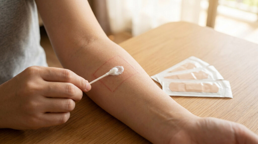 Une personne applique une crème apaisante sur une zone rouge irritée de son avant-bras à l'aide d'un coton-tige.
