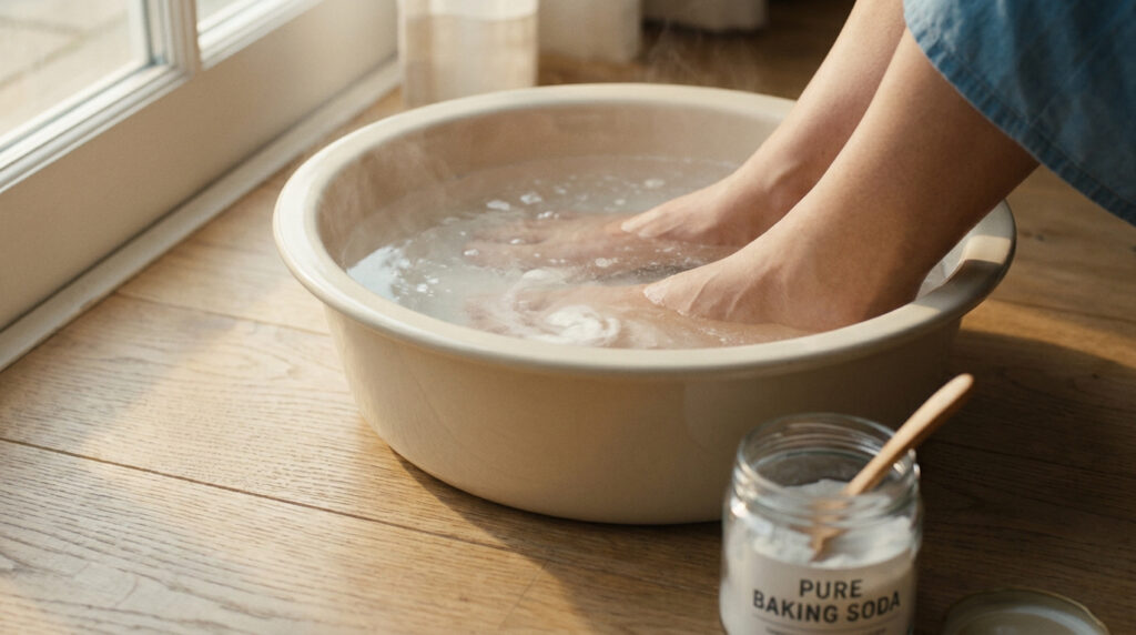 Une personne détend ses pieds dans une bassine d'eau chaude avec du bicarbonate de soude.