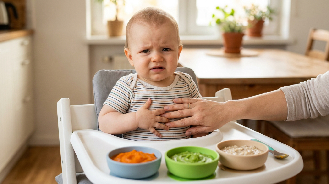 Un bébé inquiet assis dans sa chaise haute avec des bols de purée devant lui pendant que la main d'un parent le rassure.