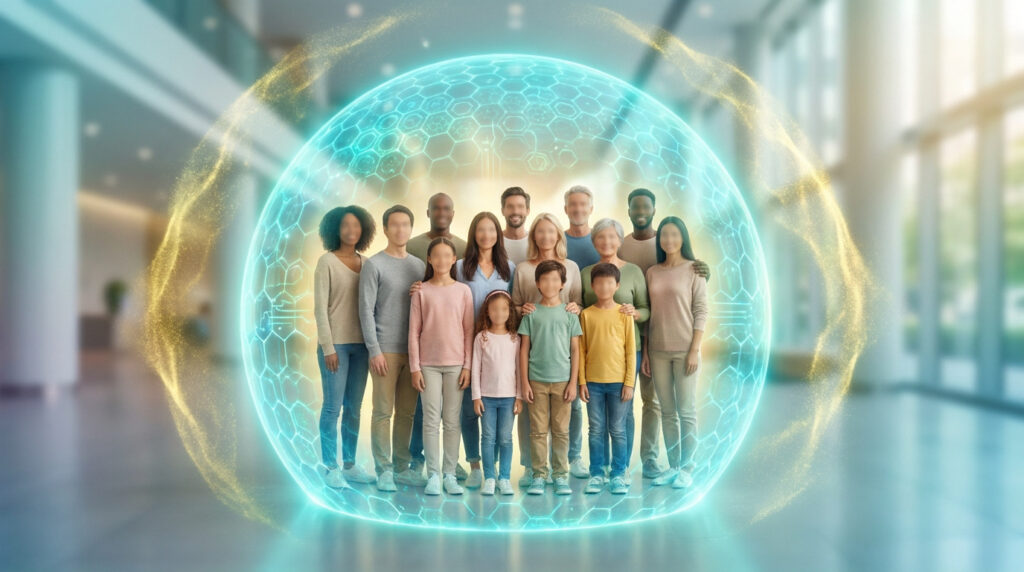 Groupe de personnes diverses protégées par une bulle technologique lumineuse symbolisant l'immunité.