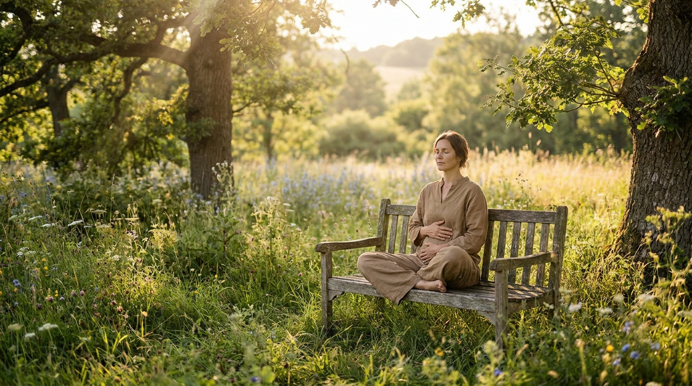 Une femme méditant en pleine nature sur un banc en bois au coucher du soleil pour symboliser la guérison.