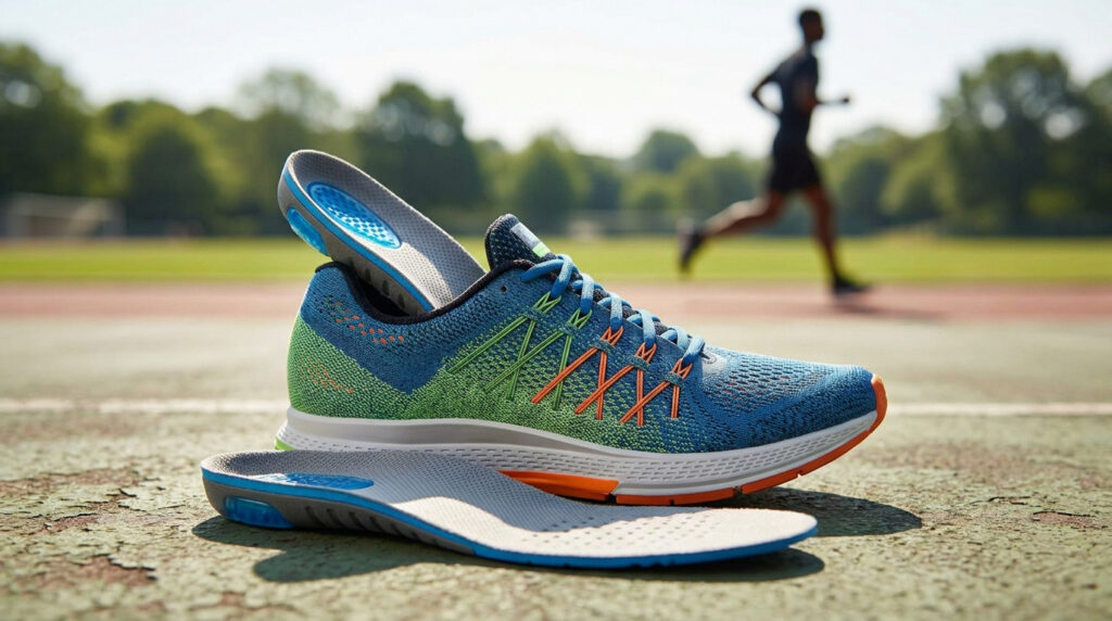 Une chaussure de running avec ses semelles intérieures posées au sol sur une piste d'athlétisme.