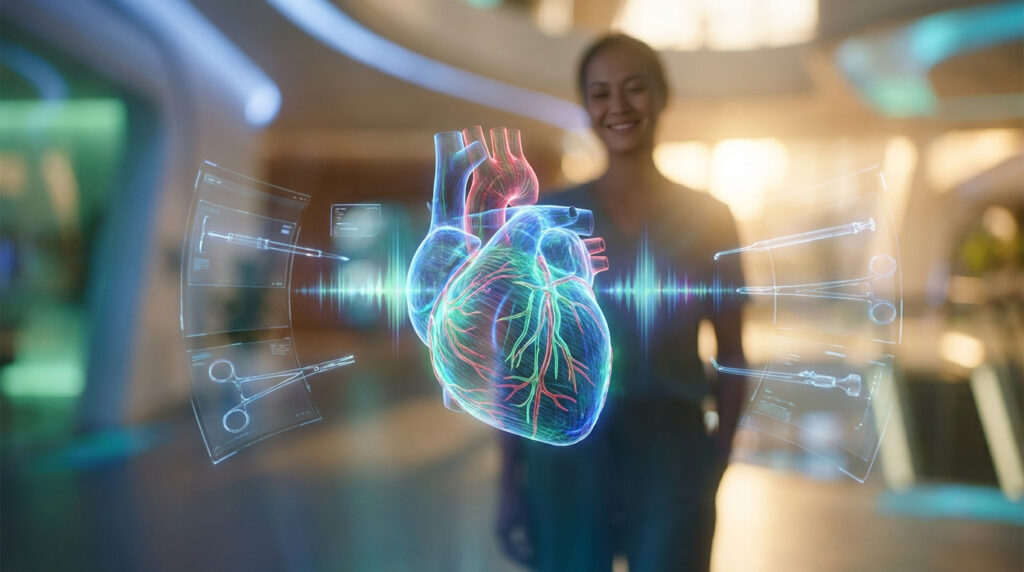 Hologramme médical d'un cœur humain entouré d'outils chirurgicaux devant une professionnelle de santé souriante.
