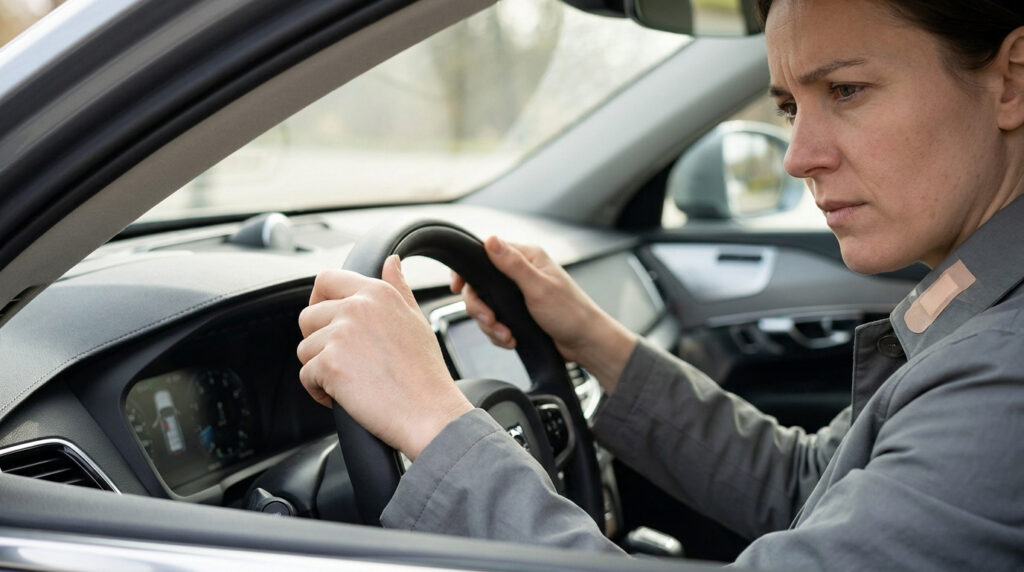 Une femme au volant d'une voiture avec un pansement adhésif sur l'épaule.