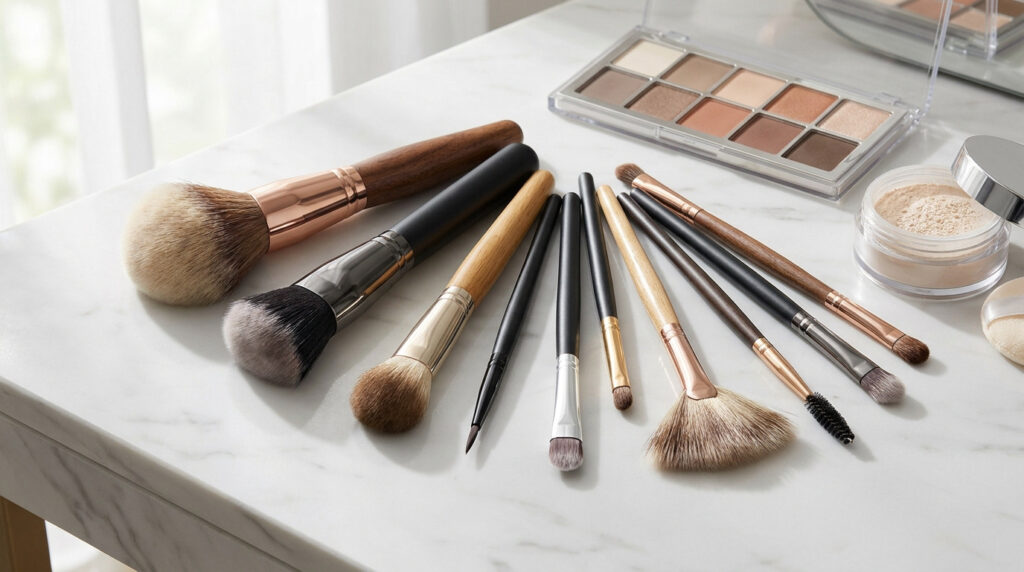 Collection de pinceaux de maquillage professionnels disposés en éventail sur une table en marbre blanc.