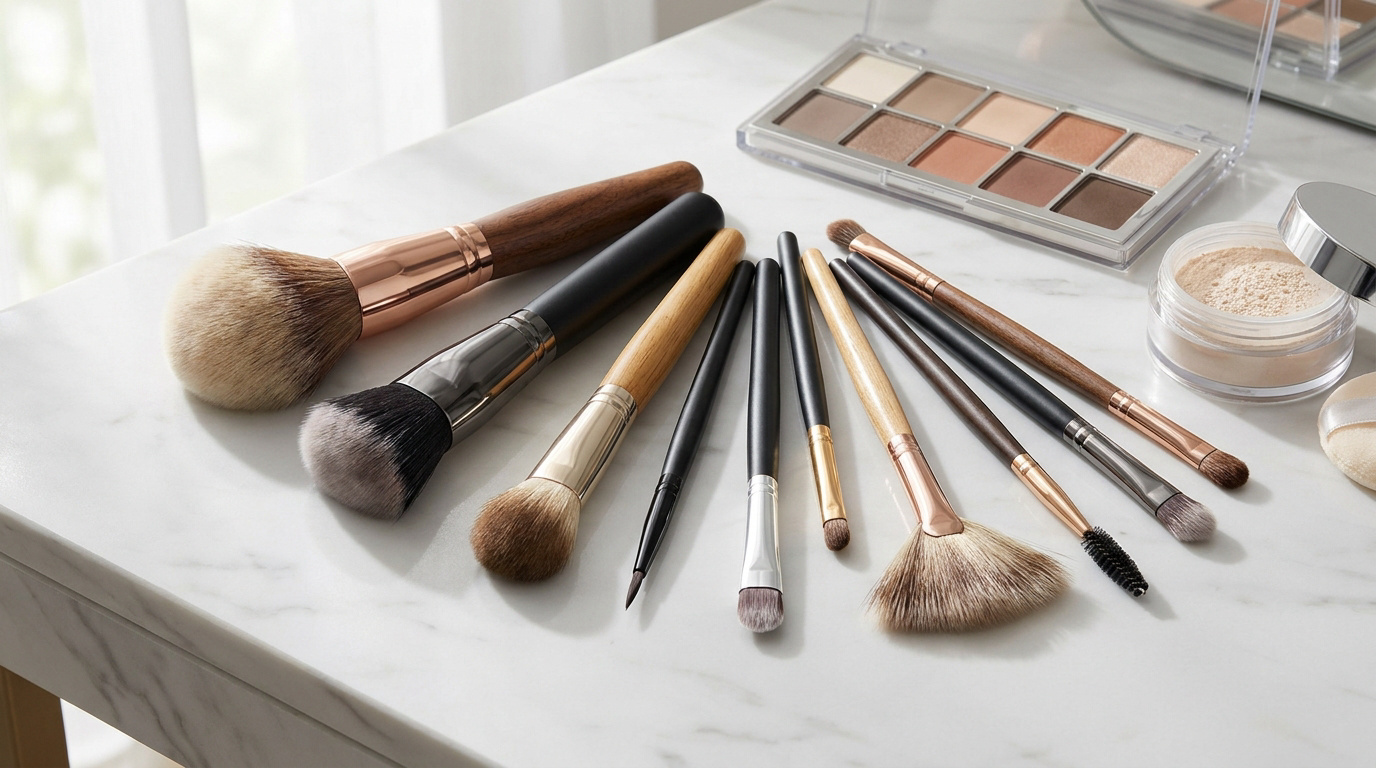 Collection de pinceaux de maquillage professionnels disposés en éventail sur une table en marbre blanc.