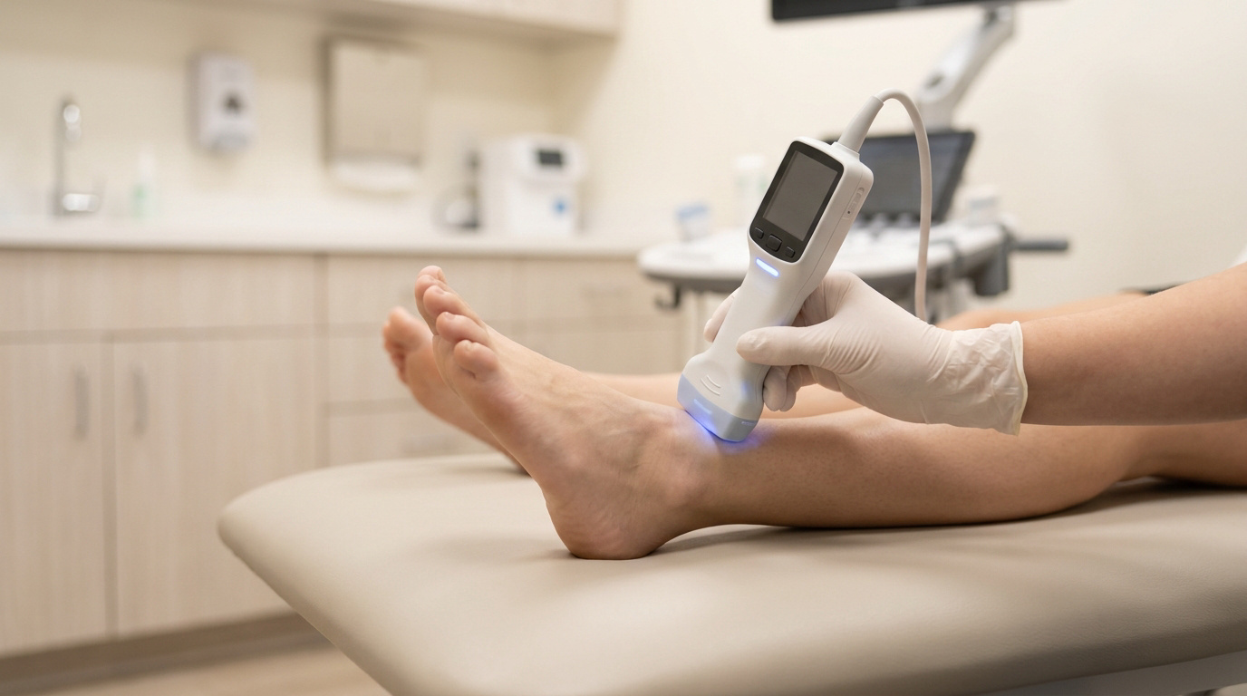 Médecin effectuant une échographie du pied d'un patient en cabinet médical.