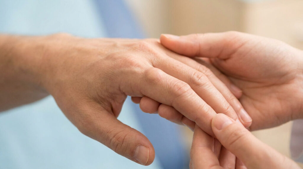 Un médecin examine une petite bosse, un kyste synovial, sur le doigt d'un patient lors d'une consultation médicale.