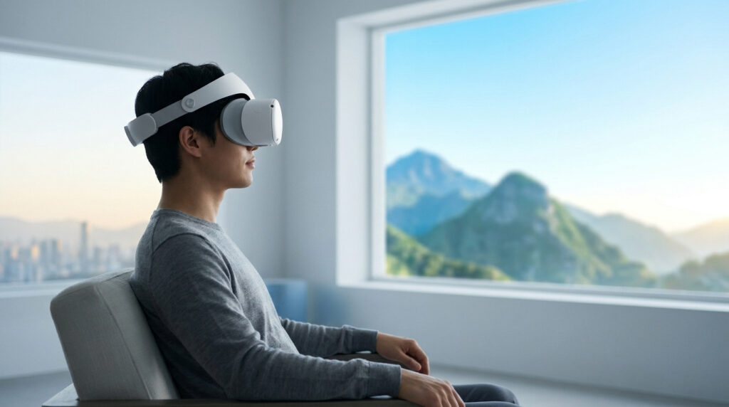 Un homme porte un casque de réalité virtuelle tout en étant assis dans un fauteuil devant une fenêtre donnant sur des montagnes.