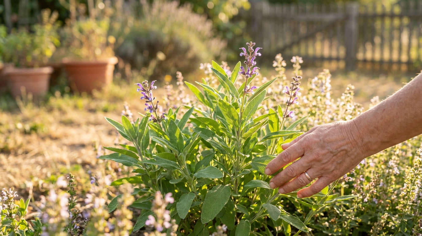Une main effleurant un plant de sauge en fleur dans un jardin ensoleillé.