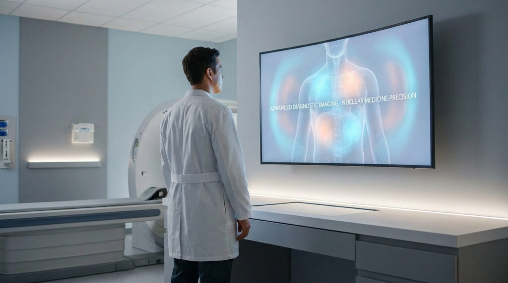Un médecin en blouse blanche observe une image numérique du corps humain sur un grand écran dans une salle d'imagerie.