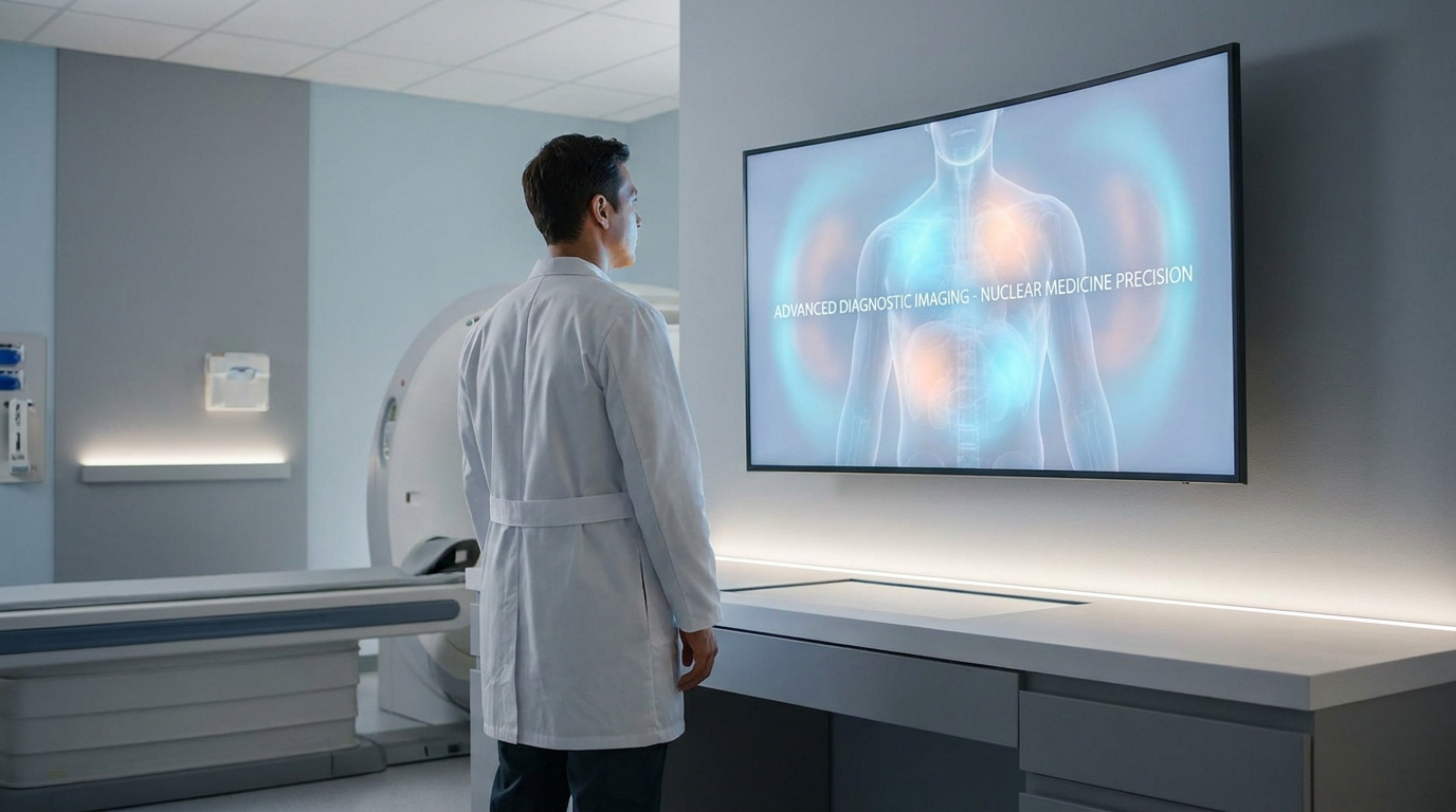 Un médecin en blouse blanche observe une image numérique du corps humain sur un grand écran dans une salle d'imagerie.