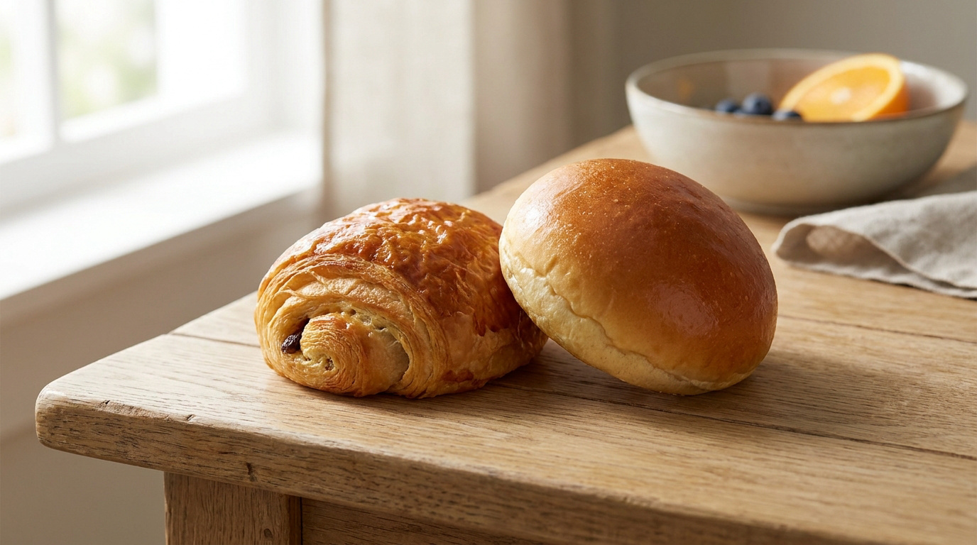 Un pain au chocolat et une brioche posés sur une table en bois près d'une fenêtre, avec un bol de fruits en arrière-plan.