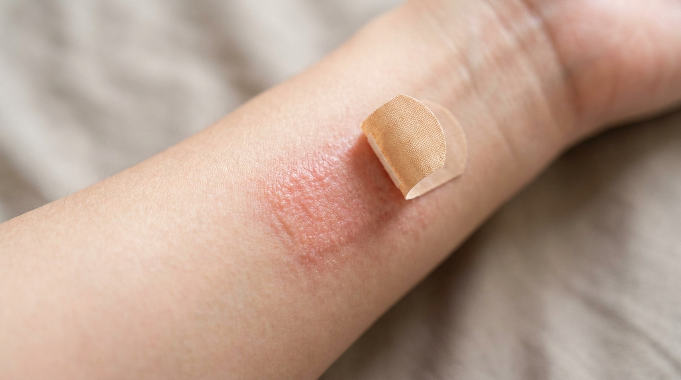Zone de peau rouge et irritée sur un avant-bras, partiellement couverte par un pansement adhésif.
