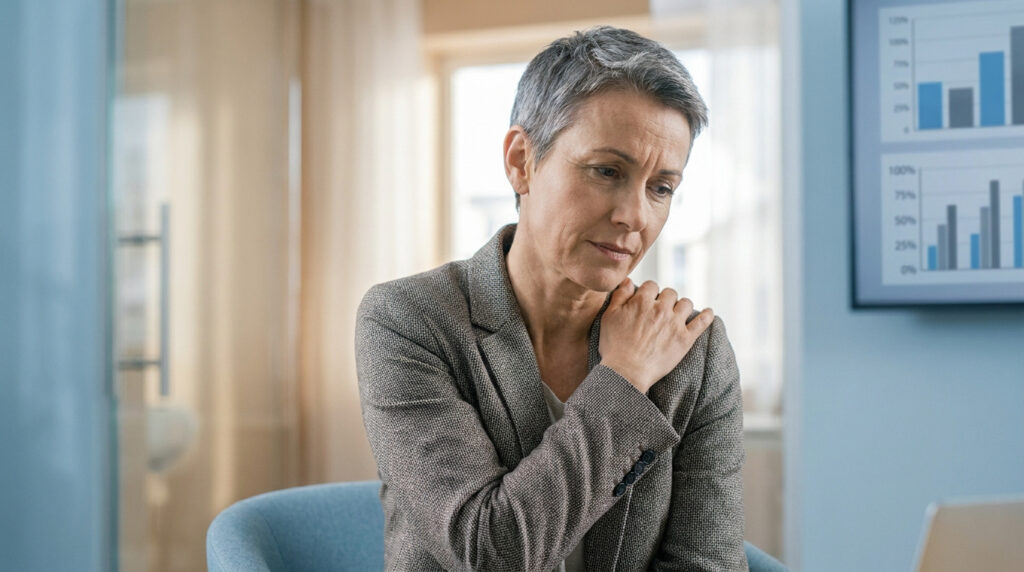 Femme d'affaires mature assise au bureau, touchant son épaule douloureuse avec une expression de gêne.
