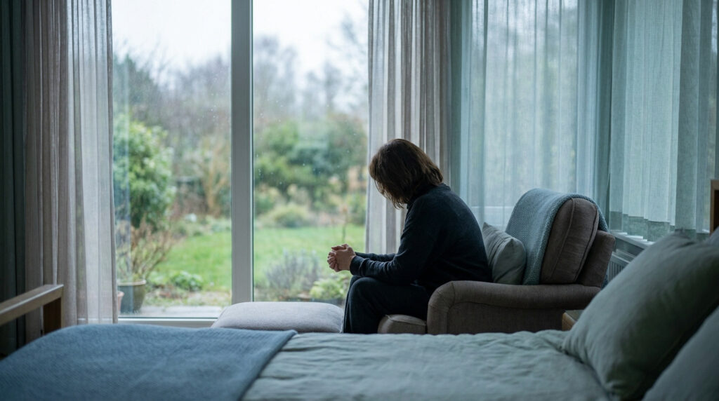 Une personne assise seule dans un fauteuil face à une fenêtre, tête baissée, illustrant un moment de profonde tristesse.