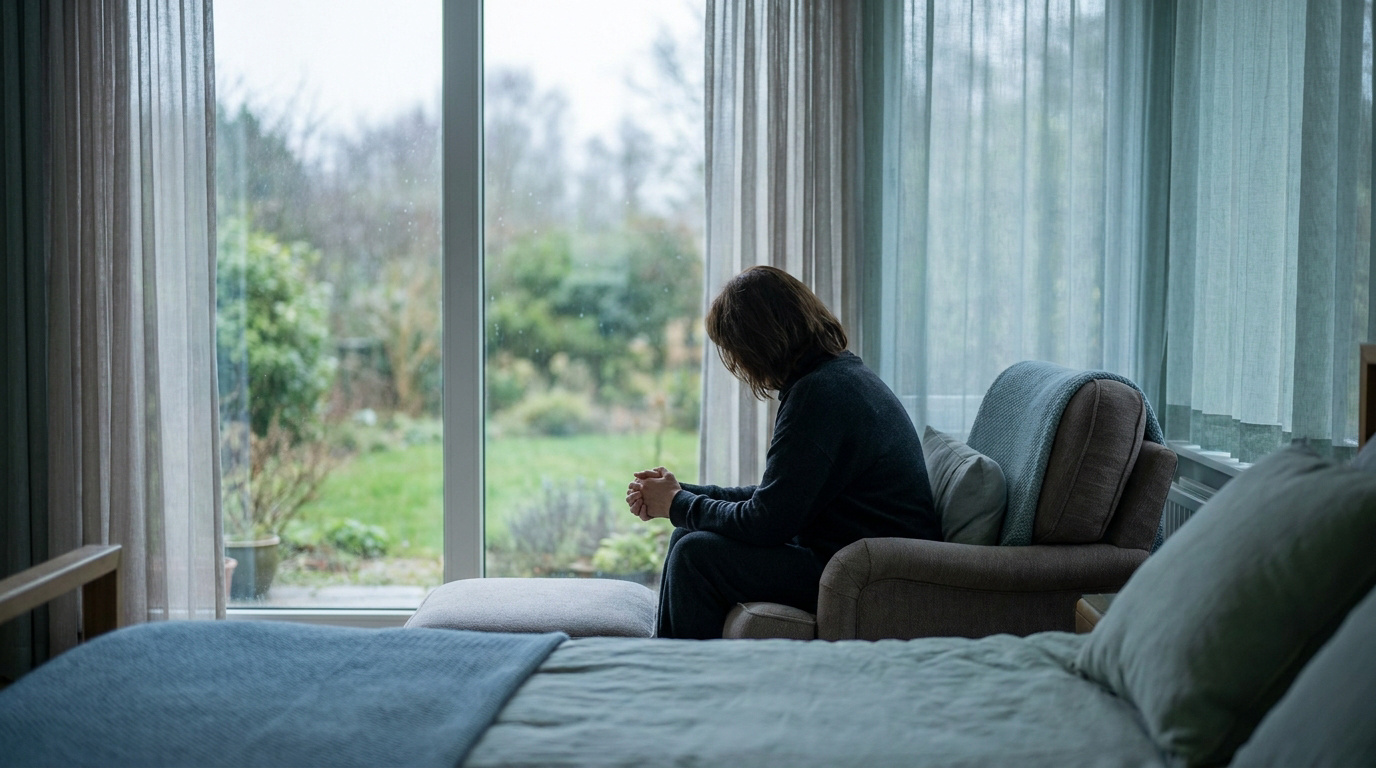 Une personne assise seule dans un fauteuil face à une fenêtre, tête baissée, illustrant un moment de profonde tristesse.