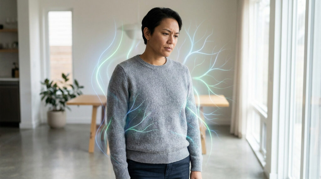 Une personne préoccupée entourée de lignes lumineuses évoquant le système nerveux ou métabolique.