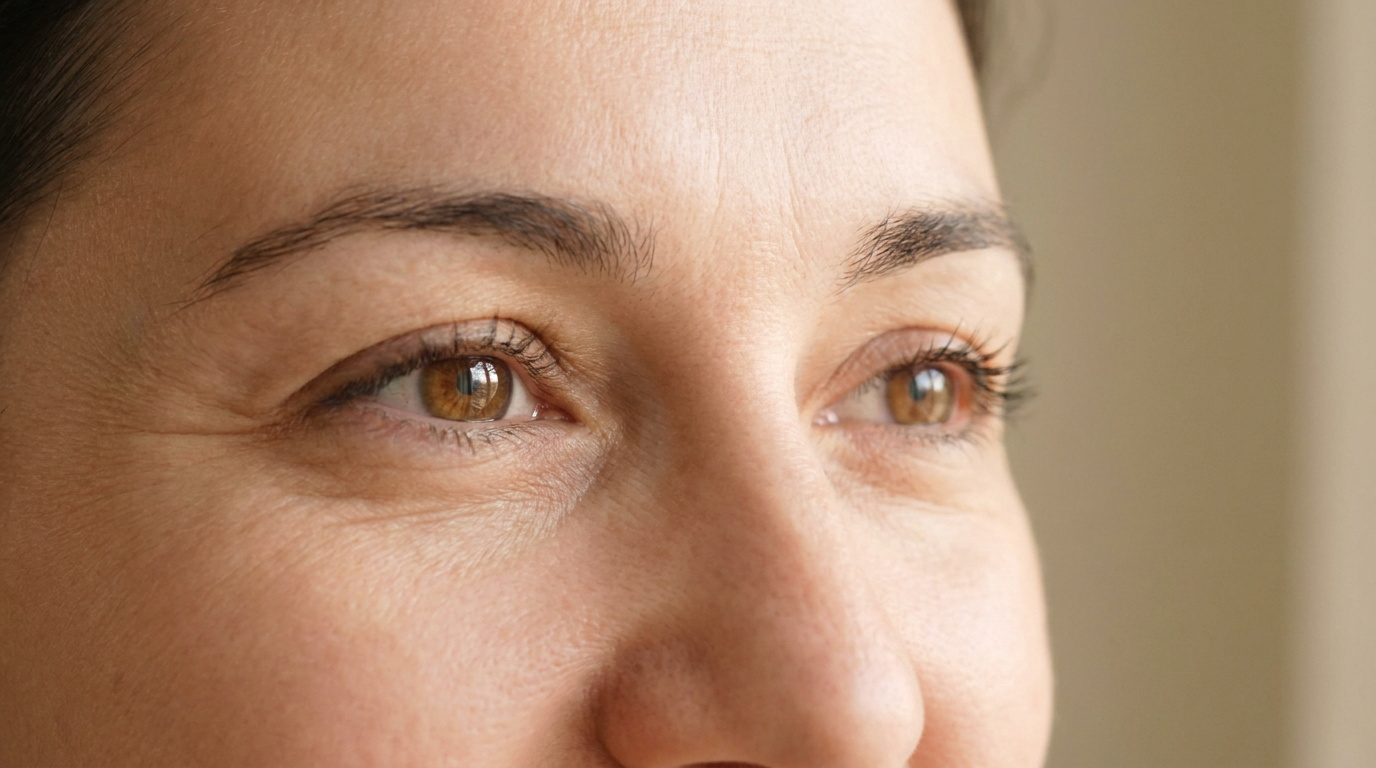 Gros plan sur le regard d'une femme mettant en évidence une légère asymétrie au niveau des paupières et du contour.